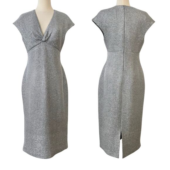 St. John Metallic Knit Cap-Sleeve Twist Front Midi Dress Silver Wool Blend US 10 - Picture 1 of 10